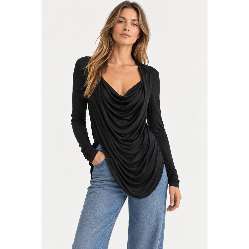 Marcella New York Black Cowl Neck Draped Long Sleeve Top Lyocell Blend- XL